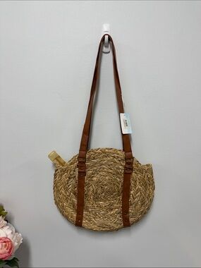 Round Woven Straw Tote with Brown Straps